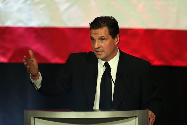 DALLAS, TX - OCTOBER 15:  U.S. Hockey Hall of Fame Class of 2012 recipient, Eddie Olczyk speaks during the 40th annual U.S. Hockey Hall of Fame Induction Ceremony & Dinner at Plaza of the Americas on October 15, 2012 in Dallas, Texas.  (Photo by Ronald Martinez/Getty Images)