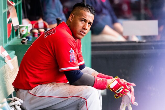 CLEVELAND, OH - JULY 26: Yunel Escobar #0 of the Los Angeles Angels of Anaheim reacts after striking out during the third inning against the Cleveland Indians at Progressive Field on July 26, 2017 in Cleveland, Ohio. (Photo by Jason Miller/Getty Images)