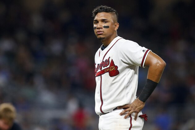 Aug 3, 2017; Atlanta, GA, USA; Atlanta Braves shortstop Johan Camargo (17) shows emotion against the Los Angeles Dodgers in the sixth inning at SunTrust Park. Mandatory Credit: Brett Davis-USA TODAY Sports
