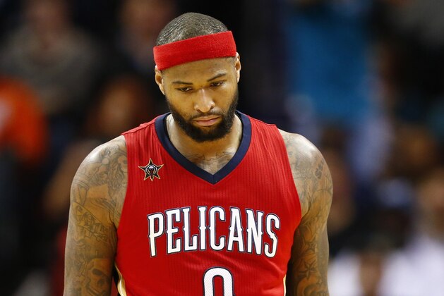 Mar 11, 2017; Charlotte, NC, USA; New Orleans Pelicans forward DeMarcus Cousins (0) hangs his head after receiving his fifth foul in the second half against the Charlotte Hornets at Spectrum Center. The Pelicans defeated the Hornets 125-122 in overtime. Mandatory Credit: Jeremy Brevard-USA TODAY Sports