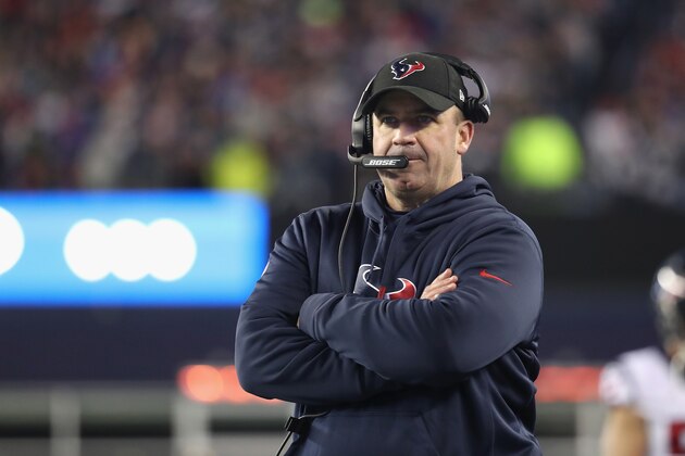 FOXBORO, MA - JANUARY 14:  Bill O'Brien head coach of the Houston Texans looks on in the first half against the New England Patriots during the AFC Divisional Playoff Game at Gillette Stadium on January 14, 2017 in Foxboro, Massachusetts.  (Photo by Rob Carr/Getty Images)