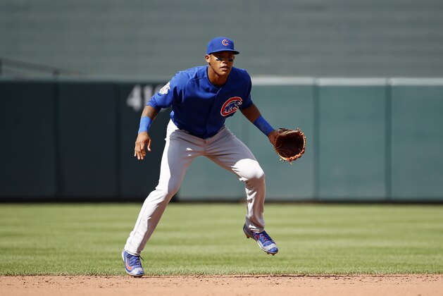 Chicago Cubs shortstop Addison Russell stands in the infield during a baseball game against the Baltimore Orioles in Baltimore, Sunday, July 16, 2017. (AP Photo/Patrick Semansky)