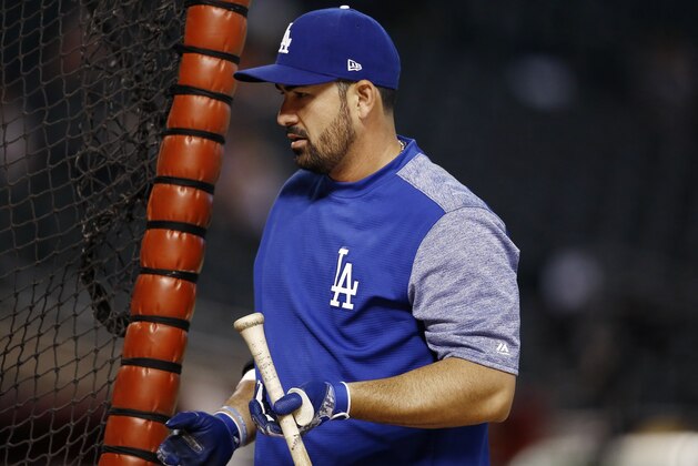 Los Angeles Dodgers' Adrian Gonzalez steps out of the batting cage prior to a baseball game against the Arizona Diamondbacks Friday, April 21, 2017, in Phoenix. (AP Photo/Ross D. Franklin)