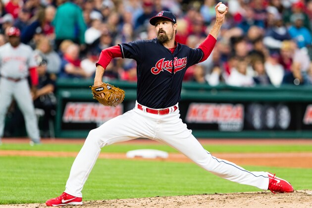 CLEVELAND, OH - JULY 24: Reliever Andrew Miller #24 of the Cleveland Indians pitches during the seventh inning against the Cincinnati Reds at Progressive Field on July 24, 2017 in Cleveland, Ohio. (Photo by Jason Miller/Getty Images)