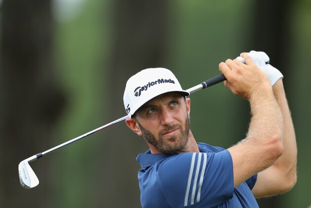 CHARLOTTE, NC - AUGUST 08:  Dustin Johnson of the United States plays his shot during a practice round prior to the 2017 PGA Championship at Quail Hollow Club on August 8, 2017 in Charlotte, North Carolina.  (Photo by Warren Little/Getty Images)
