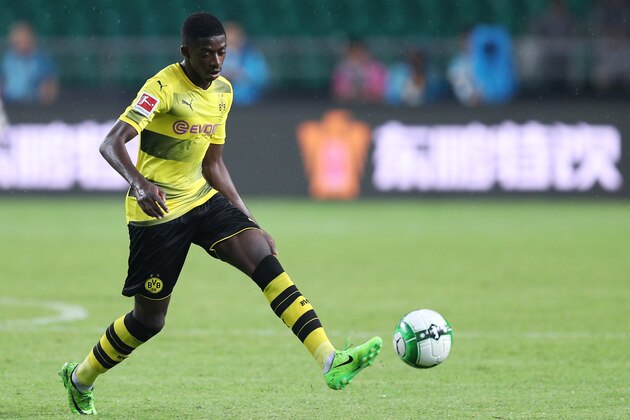 GUANGZHOU, CHINA - JULY 18:  #7 Ousmane Dembele of Dortmund in action during the 2017 International Champions Cup football match between AC Milan and Borussia Dortmund at University Town Sports Centre Stadium on July 18, 2017 in Guangzhou, China.  (Photo by Zhong Zhi/Getty Images)