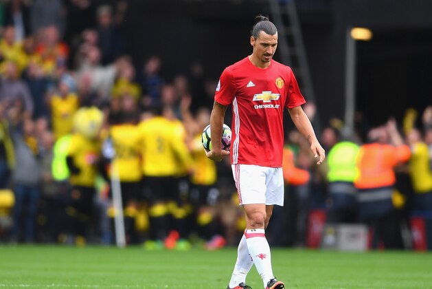 WATFORD, ENGLAND - SEPTEMBER 18: Zlatan Ibrahimovic of Manchester United shows dejection while walking off the pitch during the Premier League match between Watford and Manchester United at Vicarage Road on September 18, 2016 in Watford, England.  (Photo by Laurence Griffiths/Getty Images)
