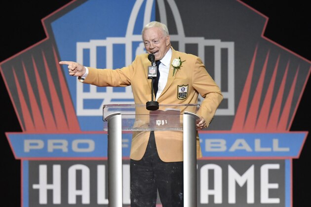 Dallas Cowboys owner Jerry Jones delivers his speech during inductions at the Pro Football Hall of Fame on Saturday, Aug. 5, 2017, in Canton, Ohio. (AP Photo/David Richard)