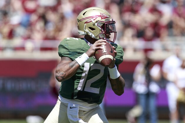 TALLAHASSEE, FL - APRIL 8: Quarterback Deondre Francois #12 of the Florida State Seminoles during the annual Garnet and Gold Spring Football game at Doak Campbell Stadium on Bobby Bowden Field on April 8, 2017 in Tallahassee, Florida. (Photo by Don Juan Moore/Getty Images)