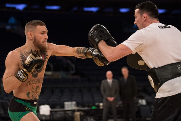 NEW YORK, NY - NOVEMBER 09:  UFC featherweight champion Conor McGrregor of Ireland holds an open training session for the media and fans inside Madison Square Garden on November 9, 2016 in New York City. (Photo by Brandon Magnus/Zuffa LLC/Zuffa LLC via Getty Images)