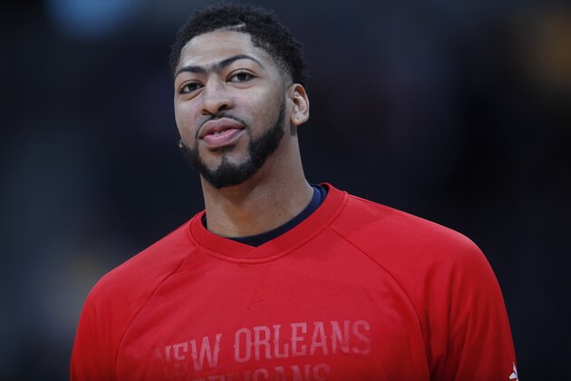 New Orleans Pelicans forward Anthony Davis (23) in the first half of an NBA basketball game Friday, April 7, 2017, in Denver. (AP Photo/David Zalubowski)