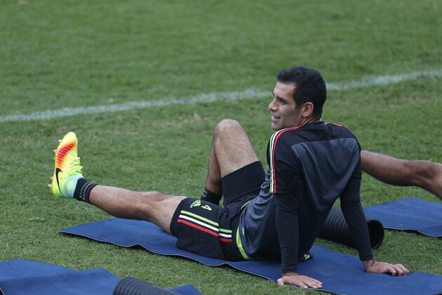 Mexico's Rafael Marquez stretches during a training session of the national soccer team in San Salvador, El Salvador, Thursday, Sept. 1, 2016. Mexico will face El Salvador for a 2018 World Cup qualifier soccer match on Friday. (AP Photo/Moises Castillo)