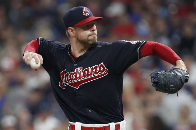 CLEVELAND, OH - AUGUST 03: Corey Kluber #28 of the Cleveland Indians pitches against the New York Yankees in the eighth inning  at Progressive Field on August 3, 2017 in Cleveland,  Ohio.  Kluber pitched a complete game as the Indians defeated the Yankees 5-1.  (Photo by David Maxwell/Getty Images)