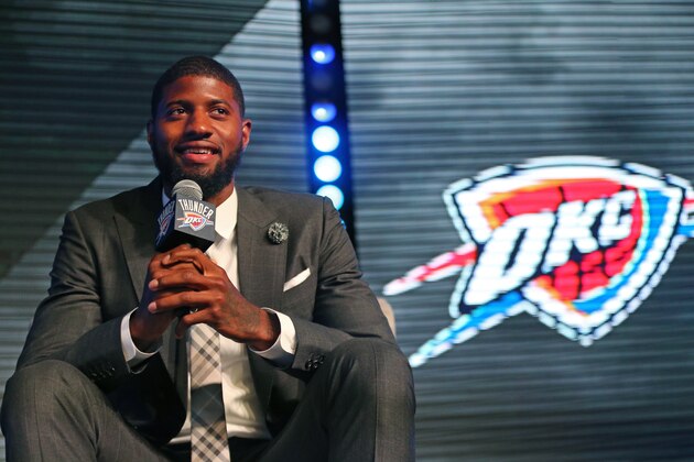OKLAHOMA CITY, OK - JULY 12:  Paul George #13 of the Oklahoma City Thunder speaks to fans and media during a media event on July 12, 2017 at the Jones Assembly Hall in Oklahoma City, Oklahoma. NOTE TO USER: User expressly acknowledges and agrees that, by downloading and or using this Photograph, user is consenting to the terms and conditions of the Getty Images License Agreement. Mandatory Copyright Notice: Copyright 2017 NBAE (Photo by Layne Murdoch/NBAE via Getty Images)