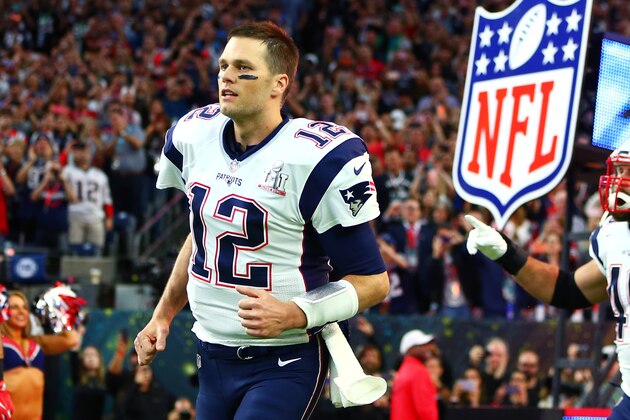 Feb 5, 2017; Houston, TX, USA; New England Patriots quarterback Tom Brady (12) enters the field prior to the game against the Atlanta Falcons during Super Bowl LI at NRG Stadium. Mandatory Credit: Mark J. Rebilas-USA TODAY Sports