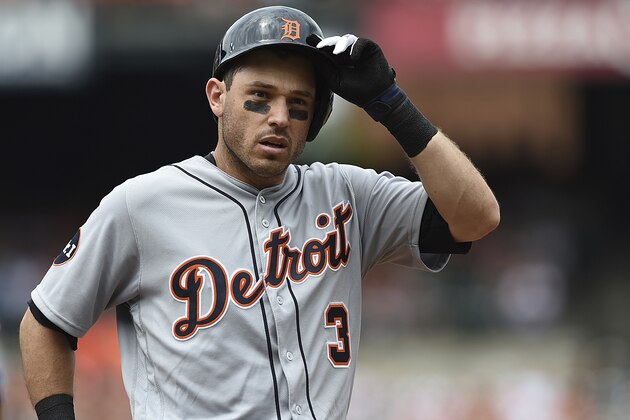 Detroit Tigers' Ian Kinsler removes his batting helmet after popping out with two on against the Baltimore Orioles in the fourth inning of a baseball game, Sunday, Aug. 6, 2017, in Baltimore. The Orioles won 12-3. (AP Photo/Gail Burton) Detroit Tigers' Ian Kinsler removes his batting helmet after popping out with two on against the Baltimore Orioles in the fourth inning of a baseball game, Sunday, Aug. 6, 2017, in Baltimore. The Orioles won 12-3. (AP Photo/Gail Burton)