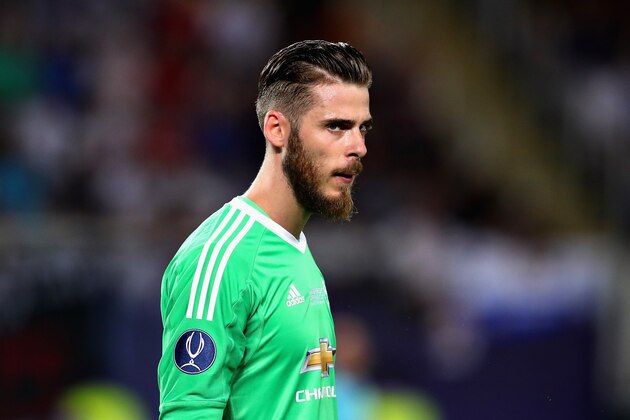 SKOPJE, MACEDONIA - AUGUST 08:  David De Gea of Manchester United looks on during the UEFA Super Cup match between Real Madrid and Manchester United at National Arena Filip II Macedonian on August 8, 2017 in Skopje, Macedonia.  (Photo by Chris Brunskill Ltd/Getty Images)