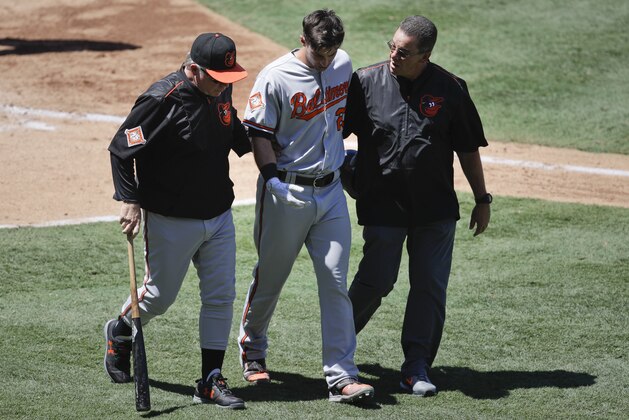 Baltimore Orioles' Joey Rickard, center, leaves the field with manager Buck Showalter, left, and a trainer after he was hit by a pitch during the sixth inning of a baseball game against the Los Angeles Angels, Wednesday, Aug. 9, 2017, in Anaheim, Calif. (AP Photo/Jae C. Hong)