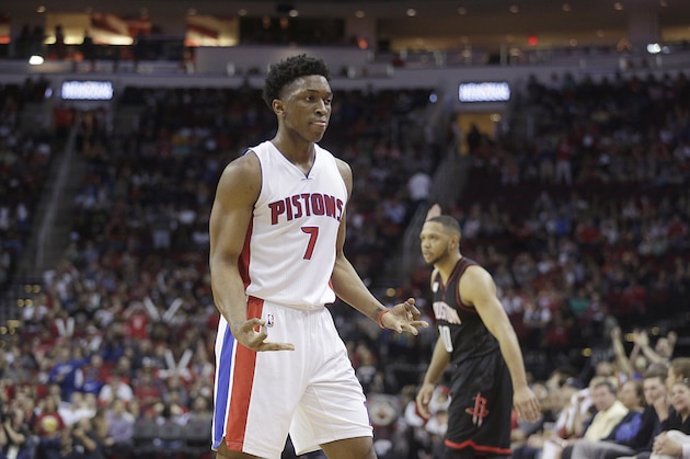 Apr 7, 2017; Houston, TX, USA; Detroit Pistons forward Stanley Johnson (7) reacts after making a three point basket against the Houston Rockets late in the second half at Toyota Center. Detroit Pistons won 114-109 .Mandatory Credit: Thomas B. Shea-USA TODAY Sports