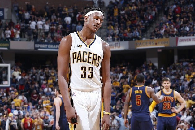 INDIANAPOLIS, IN - APRIL 23: Myles Turner #33 of the Indiana Pacers reacts against the Cleveland Cavaliers in Game Four of the Eastern Conference Quarterfinals during the 2017 NBA Playoffs at Bankers Life Fieldhouse on April 23, 2017 in Indianapolis, Indiana. The Cavaliers defeated the Pacers 106-102 to sweep the series 4-0. NOTE TO USER: User expressly acknowledges and agrees that, by downloading and or using the photograph, User is consenting to the terms and conditions of the Getty Images License Agreement. (Photo by Joe Robbins/Getty Images)