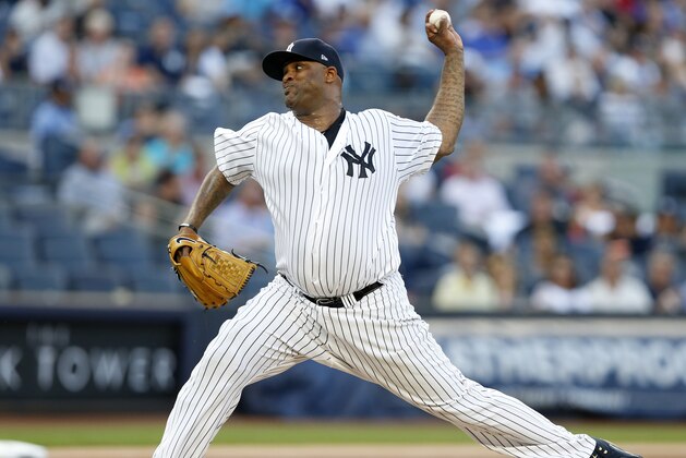 New York Yankees starting pitcher CC Sabathia winds up during the first inning of the team's baseball game against the Detroit Tigers at Yankee Stadium in New York, Tuesday, Aug. 1, 2017. (AP Photo/Kathy Willens)