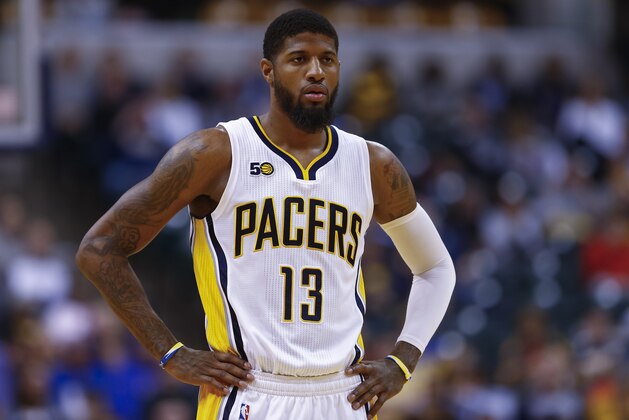 INDIANAPOLIS, IN - MARCH 08: Paul George #13 of the Indiana Pacers is seen during the game against the Detroit Pistons at Bankers Life Fieldhouse on March 8, 2017 in Indianapolis, Indiana. NOTE TO USER: User expressly acknowledges and agrees that, by downloading and/or using this photograph, user is consenting to the terms and conditions of the Getty Images License Agreement. Mandatory Copyright Notice: Copyright 2017 NBAE (Photo by Michael Hickey/Getty Images)