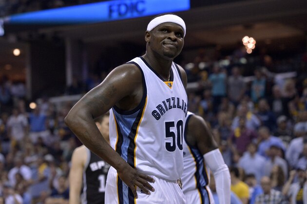 Memphis Grizzlies forward Zach Randolph (50) reacts during the second half of Game 6 in an NBA basketball first-round playoff series against the San Antonio Spurs Thursday, April 27, 2017, in Memphis, Tenn. (AP Photo/Brandon Dill)