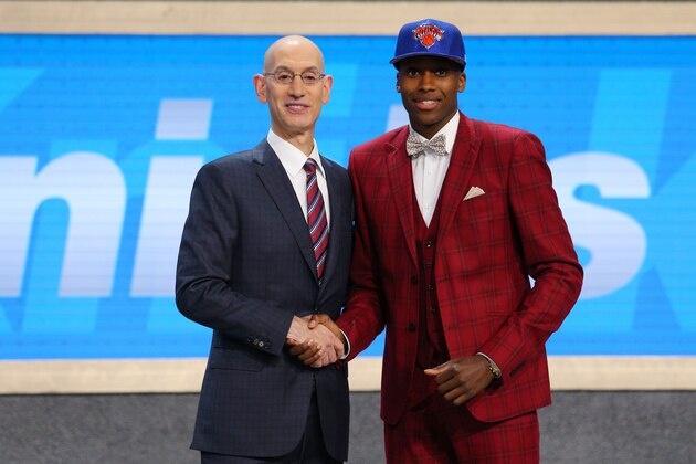 Jun 22, 2017; Brooklyn, NY, USA; Frank Ntilikina of France is introduced by NBA commissioner Adam Silver as the number eight overall pick to the New York Knicks in the first round of the 2017 NBA Draft at Barclays Center. Mandatory Credit: Brad Penner-USA TODAY Sports