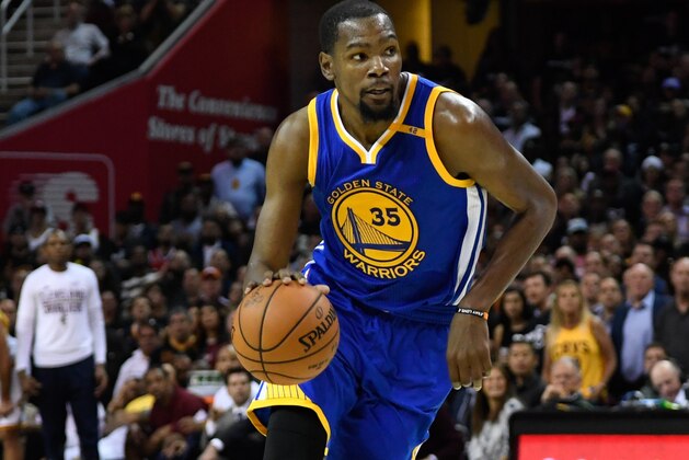 June 9, 2017; Cleveland, OH, USA; Golden State Warriors forward Kevin Durant (35) dribbles the basketball during the second quarter in game four of the 2017 NBA Finals against the Cleveland Cavaliers at Quicken Loans Arena. Mandatory Credit: Kyle Terada-USA TODAY Sports