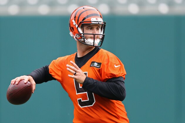 Jun 13, 2017; Cincinnati, OH, USA; Cincinnati Bengals quarterback AJ McCarron (5) runs drills during minicamp at Paul Brown Stadium. Mandatory Credit: Aaron Doster-USA TODAY Sports