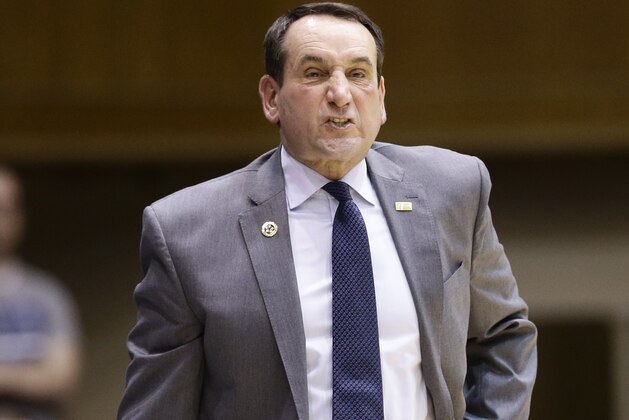 Duke head coach Mike Krzyzewski reacts during the first half of an NCAA college basketball game against William & Mary in Durham, N.C., Wednesday, Nov. 23, 2016. (AP Photo/Gerry Broome