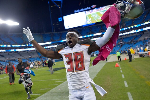 CHARLOTTE, NC - OCTOBER 10: Jude Adjei-Barimah #38 of the Tampa Bay Buccaneers celebrates after a win against the Carolina Panthers at Bank of America Stadium on October 10, 2016 in Charlotte, North Carolina. The Buccaneers won 17-14. (Photo by Grant Halverson/Getty Images) CHARLOTTE, NC - OCTOBER 10: Jude Adjei-Barimah #38 of the Tampa Bay Buccaneers celebrates after a win against the Carolina Panthers at Bank of America Stadium on October 10, 2016 in Charlotte, North Carolina. The Buccaneers won 17-14. (Photo by Grant Halverson/Getty Images)