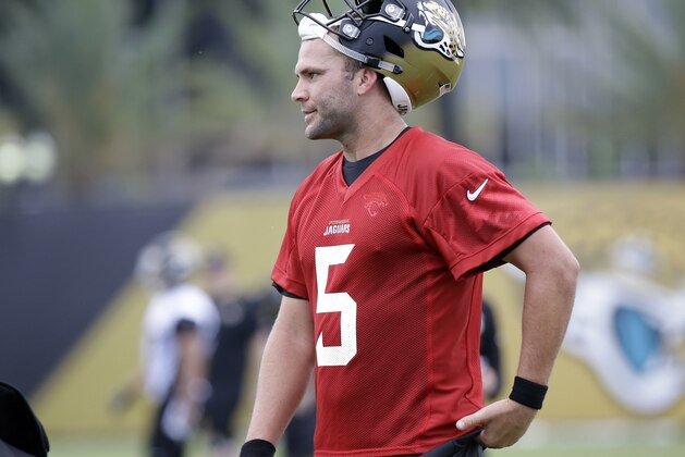 Jacksonville Jaguars quarterback Blake Bortles takes a break during NFL football training camp, Friday, July 28, 2017, in Jacksonville, Fla. (AP Photo/John Raoux)
