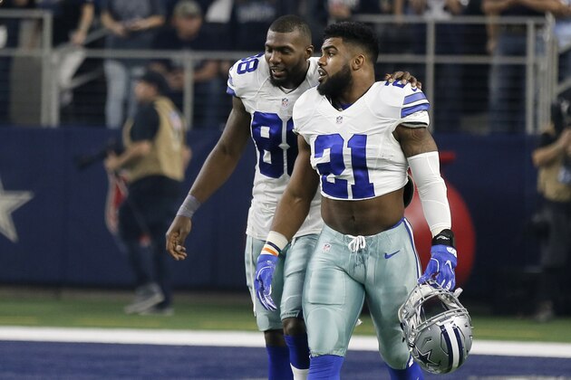 Dallas Cowboys' Dez Bryant (88) and Ezekiel Elliott (21) walk onto the field before an NFL football game against the Detroit Lions on Monday, Dec. 26, 2016, in Arlington, Texas. (AP Photo/Brandon Wade)