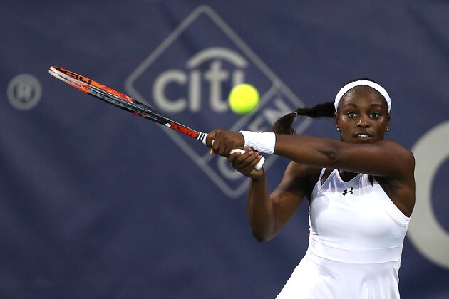 WASHINGTON, DC - JULY 19: Sloane Stephens of the United States of America returns a shot to Risa Ozaki of Japan during day 2 of the Citi Open at Rock Creek Tennis Center on July 19, 2016 in Washington, DC. (Photo by Matthew Hazlett/Getty Images)