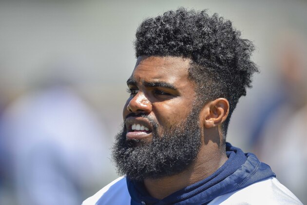 Dallas Cowboys running back Ezekiel Elliott during NFL football training camp in Oxnard, Calif., Tuesday, July 25, 2017. (AP Photo/Gus Ruelas)