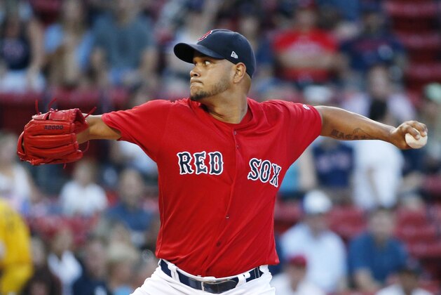 Boston Red Sox's Eduardo Rodriguez pitches during the first inning of a baseball game against the Chicago White Sox in Boston, Friday, Aug. 4, 2017. (AP Photo/Michael Dwyer)