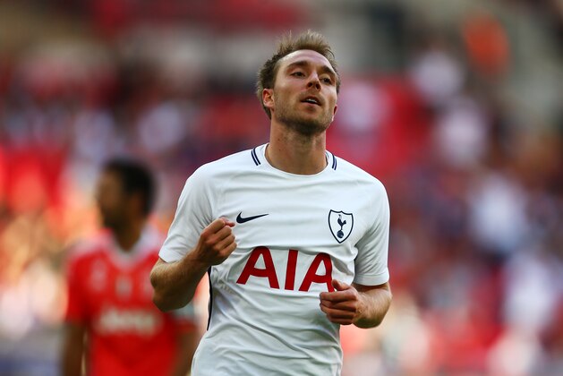 LONDON, ENGLAND - AUGUST 05:  Christian Eriksen of Tottenham Hotspur celebrates scoring his sides second goal during the Pre-Season Friendly match beween Tottenham Hotspur and Juventus at Wembley Stadium on August 5, 2017 in London, England.  (Photo by Jordan Mansfield/Getty Images)