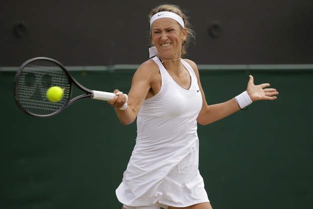 Victoria Azarenka of Belarus returns to Romania's Simona Halep during their Women's Singles Match on day seven at the Wimbledon Tennis Championships in London Monday, July 10, 2017. (AP Photo/Alastair Grant) Victoria Azarenka of Belarus returns to Romania's Simona Halep during their Women's Singles Match on day seven at the Wimbledon Tennis Championships in London Monday, July 10, 2017. (AP Photo/Alastair Grant)