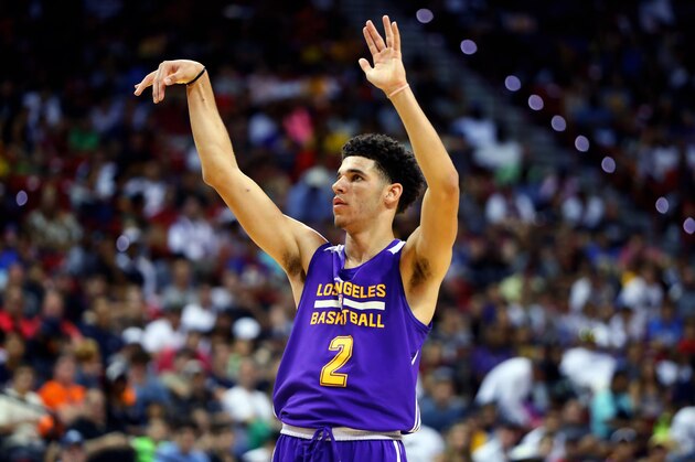 Jul 15, 2017; Las Vegas, NV, USA; Los Angeles Lakers guard Lonzo Ball against the Brooklyn Nets during an NBA Summer League game at Thomas & Mack Center. Mandatory Credit: Mark J. Rebilas-USA TODAY Sports