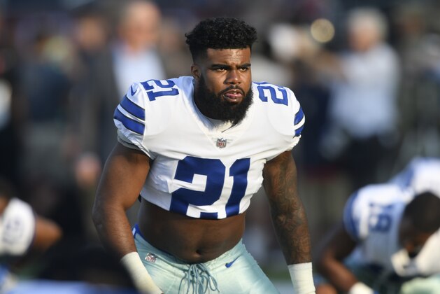 Dallas Cowboys running back Ezekiel Elliott walks on the field prior to the Pro Football Hall of Fame NFL preseason game in Canton, Ohio, Thursday, Aug. 3, 2017. (AP Photo/David Richard)