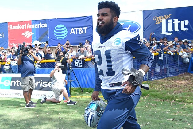 OXNARD, CA - JULY 24:  Ezekiel Elliott #21 of the Dallas Cowboys runs ton to the field for the first day of training camp on July 24, 2017 in Oxnard, California.  (Photo by Jayne Kamin-Oncea/Getty Images)