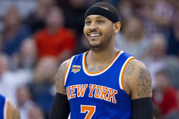 Mar 22, 2017; Salt Lake City, UT, USA; New York Knicks forward Carmelo Anthony (7) reacts to being called for an offensive foul during the second half against the Utah Jazz at Vivint Smart Home Arena. The Jazz won 108-101. Mandatory Credit: Russ Isabella-USA TODAY Sports