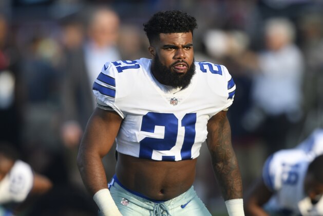 Dallas Cowboys running back Ezekiel Elliott walks on the field prior to the Pro Football Hall of Fame NFL preseason game in Canton, Ohio, Thursday, Aug. 3, 2017. (AP Photo/David Richard)
