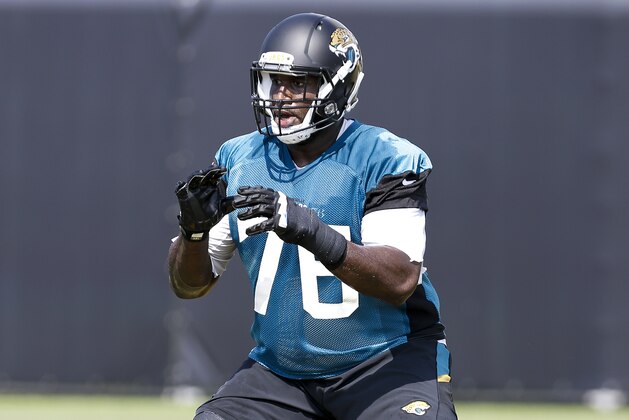 JACKSONVILLE, FL - JULY 28: Tackle Branden Albert #76 of the Jacksonville Jaguars goes through drills during Training Camp at Florida Blue Health and Wellness Practice Fields on July 28, 2017 in Jacksonville, Florida. (Photo by Don Juan Moore/Getty Images)