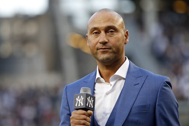 May 14, 2017; Bronx, NY, USA; Former New York Yankees shortstop Derek Jeter speaks after being honored during a pre-game ceremony to retire his jersey number and unveil his plaque for monument park before the game against the Houston Astros at Yankee Stadium. Mandatory Credit: Adam Hunger-USA TODAY Sports