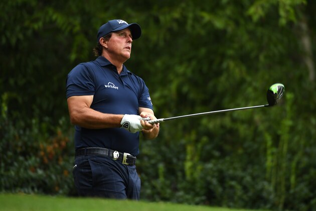 CHARLOTTE, NC - AUGUST 11:  Phil Mickelson of the United States plays his shot from the 12th tee during the second round of the 2017 PGA Championship at Quail Hollow Club on August 11, 2017 in Charlotte, North Carolina.  (Photo by Ross Kinnaird/Getty Images)