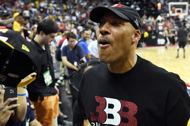 LAS VEGAS, NV - JULY 07:  LaVar Ball, father of Lonzo Ball #2 of the Los Angeles Lakers, jokes with fans at halftime of a 2017 Summer League game between the Lakers and the Los Angeles Clippers at the Thomas & Mack Center on July 7, 2017 in Las Vegas, Nevada. The Clippers won 96-93 in overtime. NOTE TO USER: User expressly acknowledges and agrees that, by downloading and or using this photograph, User is consenting to the terms and conditions of the Getty Images License Agreement.  (Photo by Ethan Miller/Getty Images)
