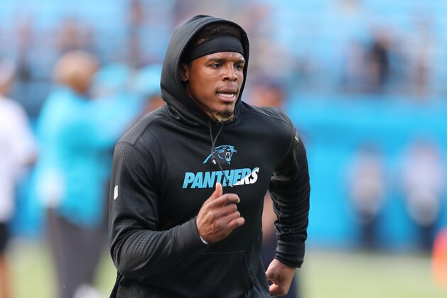 Aug 9, 2017; Charlotte, NC, USA; Carolina Panthers quarterback Cam Newton (1) runs sprints during warm ups before a game between the Panthers and the Houston Texans at Bank of America Stadium. Mandatory Credit: Jim Dedmon-USA TODAY Sports