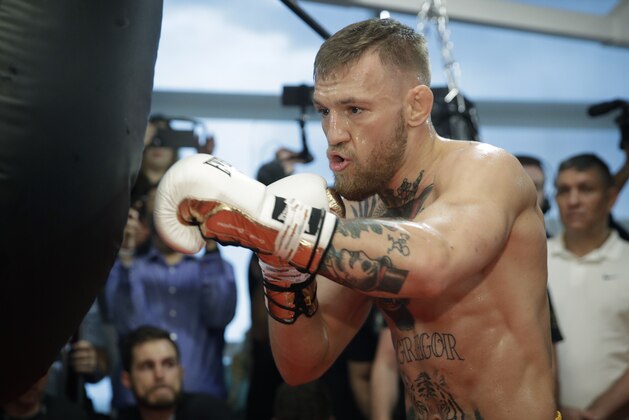 Conor McGregor trains during a media workout Friday, Aug. 11, 2017, in Las Vegas. McGregor is scheduled to fight Floyd Mayweather Jr. in a boxing match Aug. 26 in Las Vegas. (AP Photo/John Locher) Conor McGregor trains during a media workout Friday, Aug. 11, 2017, in Las Vegas. McGregor is scheduled to fight Floyd Mayweather Jr. in a boxing match Aug. 26 in Las Vegas. (AP Photo/John Locher)